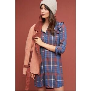 Anthropologie Cloth & Stone Plaid Long Sleeve Ruffled Shirtdress